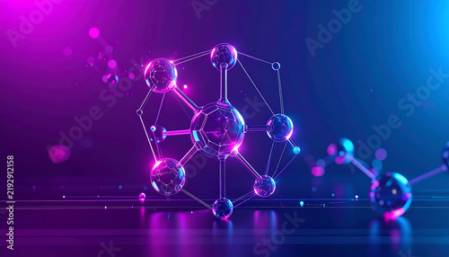 3D molecular structure with glowing atoms and bonds. Chemistry technology, nanotechnology, molecular biology, medical, pharmaceutical, beauty and biotech innovations, or AI-driven research concept