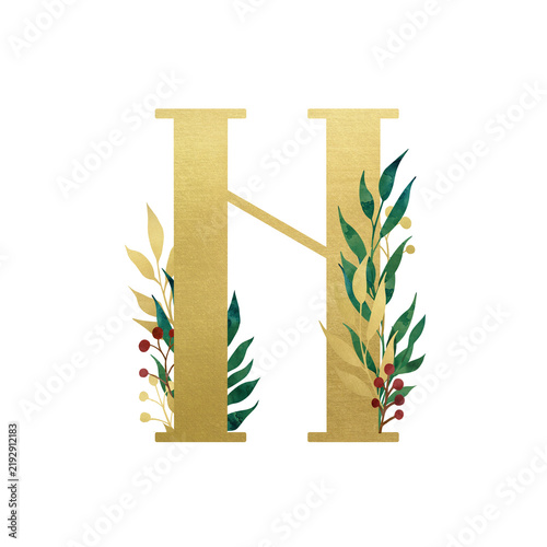 Golden Latin letter N in vintage church style with floral composition isolated