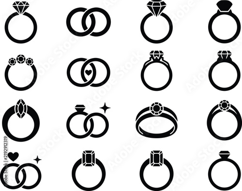 Wedding ring icon set with engagement diamond jewelry and marriage symbols