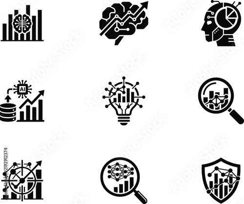 Business data analysis and strategy icons for finance and marketing