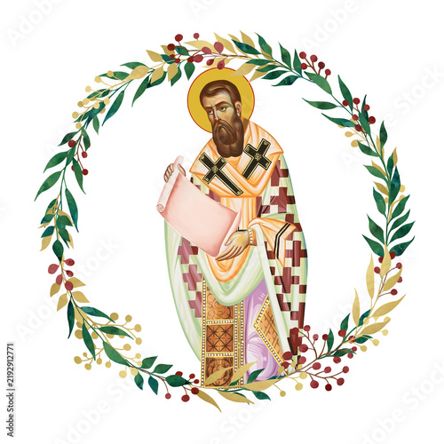 Gregory Palamas. Decorative vintage floral wreath, illustration in Byzantine style isolated