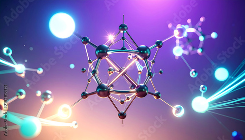 3D molecular structure with glowing atoms and bonds. Chemistry technology, nanotechnology, molecular biology, medical, pharmaceutical, beauty and biotech innovations, or AI-driven research concept