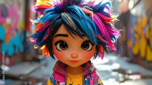 Close up of stylized girl character with colorful hair.