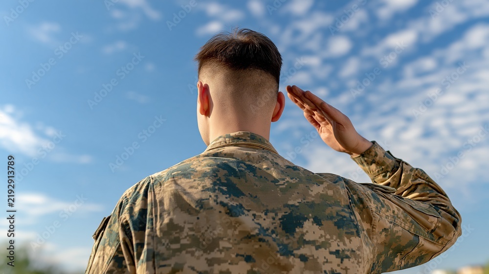 Obraz premium Rear view of a soldier in camouflage uniform saluting against a blue sky with clouds