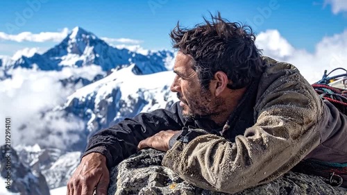 Rugged mountaineer resting on a snowy alpine peak.