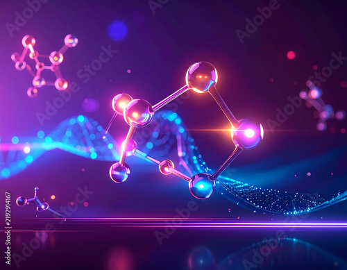 3D molecular structure with glowing atoms and bonds. Chemistry technology, nanotechnology, molecular biology, medical, pharmaceutical, beauty and biotech innovations, or AI-driven research concept