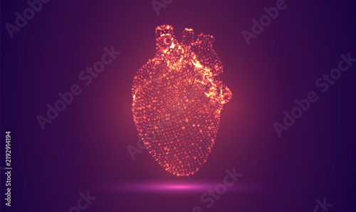 3D object made of dots, bright glow against a purple and magenta background