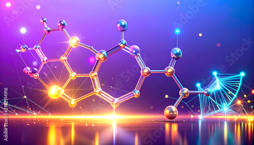 3D molecular structure with glowing atoms and bonds. Chemistry technology, nanotechnology, molecular biology, medical, pharmaceutical, beauty and biotech innovations, or AI-driven research concept