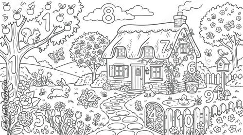Foto Country-Cottage Garden Hidden Numbers Educational Coloring Page for Kids