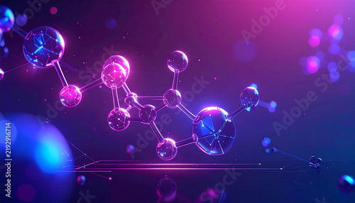 3D molecular structure with glowing atoms and bonds. Chemistry technology, nanotechnology, molecular biology, medical, pharmaceutical, beauty and biotech innovations, or AI-driven research concept