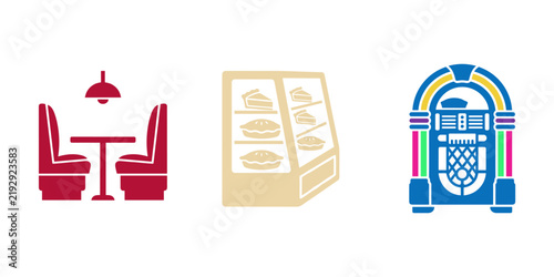 Retro diner vector icon set with seating booth, pie case and jukebox