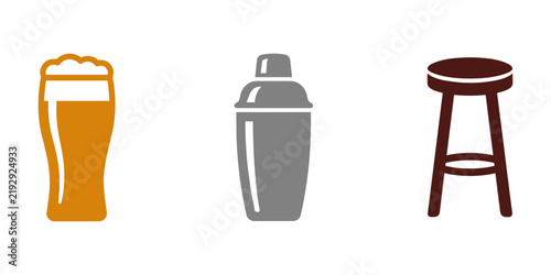 Bar vector icon set with beer pint, cocktail shaker and bar stool