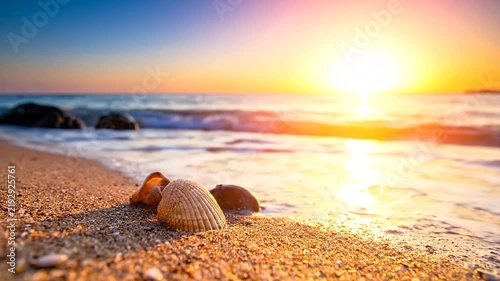 Natural seashells resting on beach sand during golden sunset.