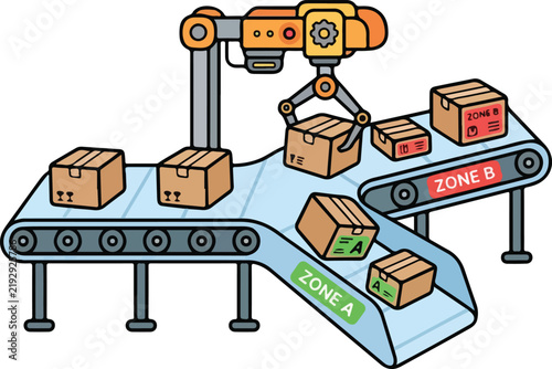 Robotic Arm Sorting Boxes on Warehouse Conveyor