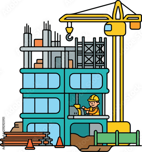 Construction Site Vector Illustration with Crane