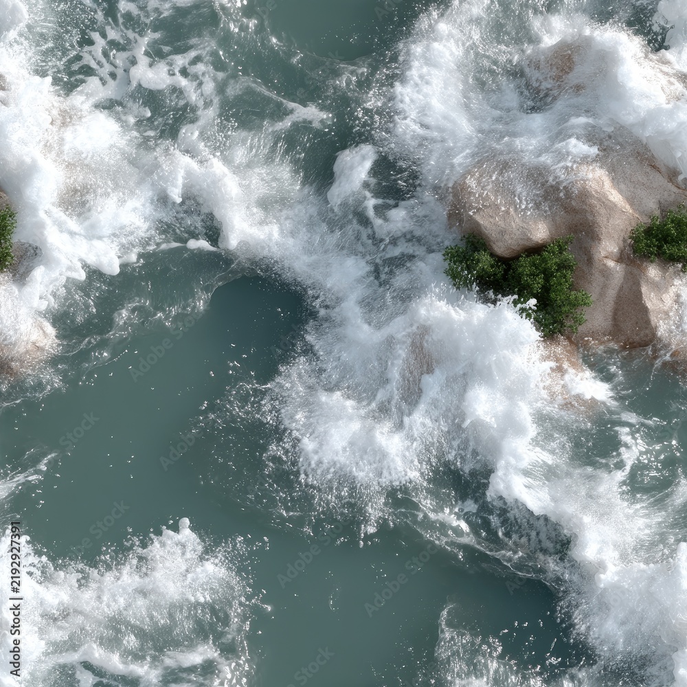 Obraz premium Powerful waves collide with rocks, splashing water in a lively coastal scene under bright daylight. The natural beauty captivates SEAMLESS PATTERN