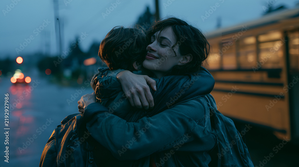 Obraz premium Parent Picking Up A Child From School With A Warm Welcoming Hug, Blue Hour Twilight Glow, Wide-Angle 24mm Lens, Expansive View, Cool Muted Blue-Gray Palette, Photorealistic, Ultra-Detailed