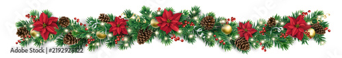 Christmas tree horizontal garland and border with red poinsettia, cones, gold baubles. Great for web headers and festive banners. Transparent background in vector file.