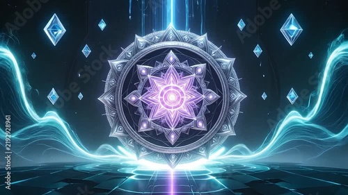 Teal glowing mandala portal with abstract energy waves.