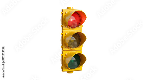 Fotografía Vertical yellow traffic light housing showing red signal lamp with protective ci