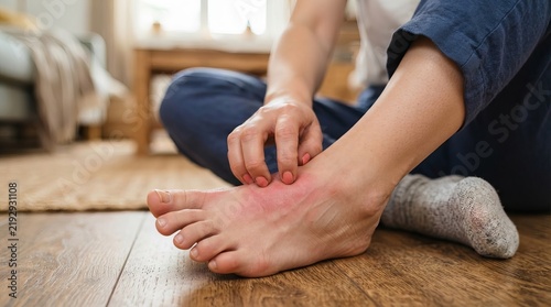 Close up View of a Person Scratching a Painful Red Rashes on Their Swollen Ankle and Foot Skin Area.