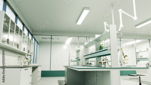 Laboratory interior with microscope and analytical research equipment