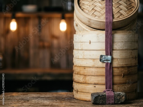 Obraz na płótnie Warm bamboo steamer stack in rustic kitchen with dim sum tradition