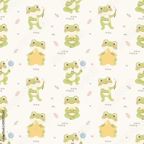 Frog Magic Star Seamless Pattern, Toad Bubble Green Wand Playful Repeating Background Wallpaper Textile Fabric Cute Kawaii Baby Nursery Graphic, Pajamas Wrapping Flat Vector Cartoon Illustration