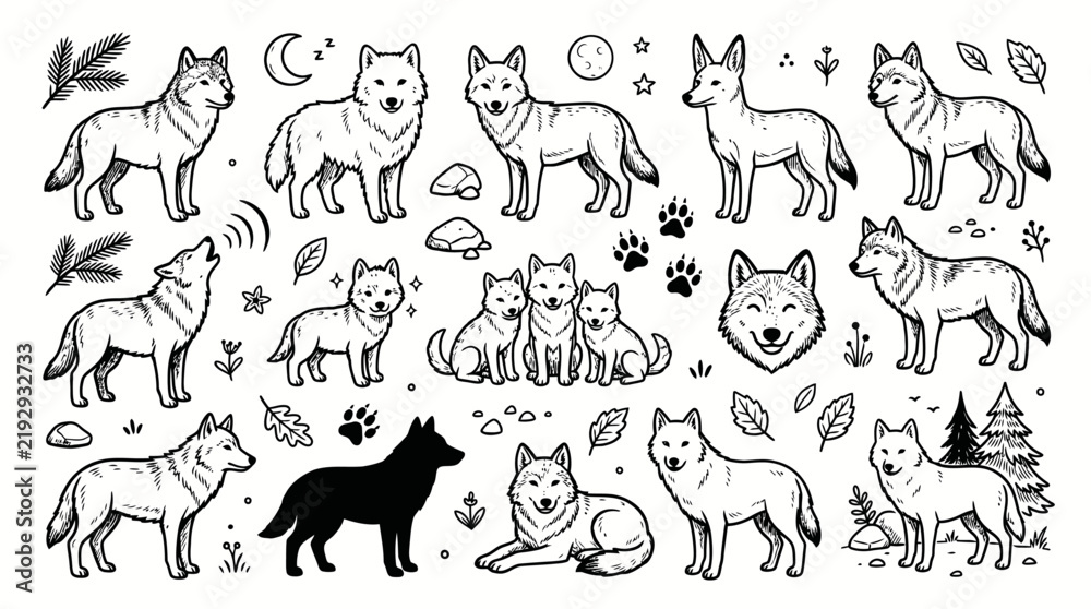 Fototapeta premium Collection of Hand-Drawn Wolf Illustrations in Various Poses and Styles.