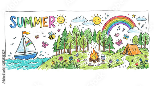 Colorful summer adventure scene with nature elements