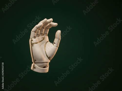 Quiet prosthetic hand on dark green background with humanlike gesture