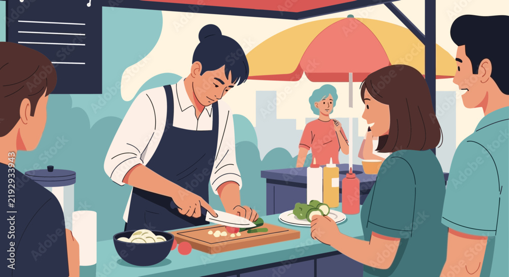 Fototapeta premium Street Food Vendor Preparing Meal for Customers, Outdoor Market Scene