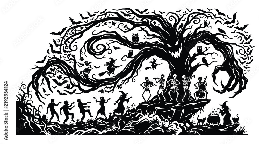 Fototapeta premium Spooky halloween vector illustration featuring dancing skeletons with scary haunted trees and flying bats at night