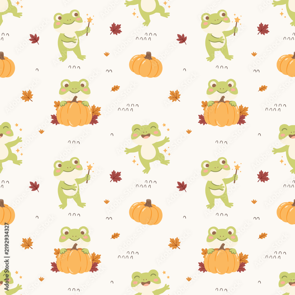 Obraz premium Frog Pumpkin Autumn Halloween Seamless Pattern, Fall Leaf Toad Wand Orange Repeating Background Wallpaper Textile Fabric Cute Kawaii Baby Nursery Graphic, Pajamas Wrapping Flat Vector Illustration