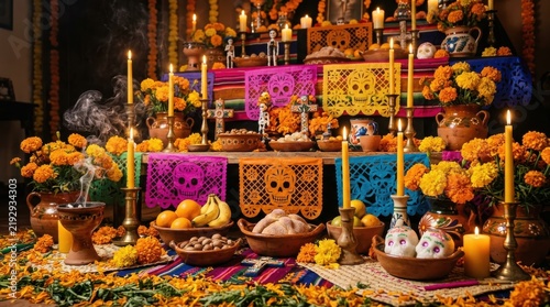 Traditional Day of the Dead altar decorated with marigold flowers, candles, skulls, and offerings