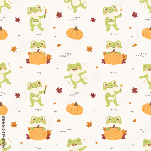 Frog Pumpkin Autumn Halloween Seamless Pattern, Fall Leaf Toad Wand Orange Repeating Background Wallpaper Textile Fabric Cute Kawaii Baby Nursery Graphic, Pajamas Wrapping Flat Vector Illustration
