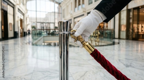 A gloved hand unhooks a red velvet rope barrier in a luxurious shopping mall interior
