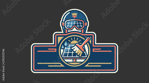 Solar Panel Cleaning Logo - Brush, Water Drops, Sun, Goggles