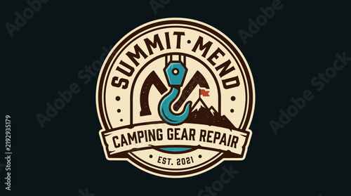 Summit Mend Camping Gear Repair Logo with Crane Hook and Mountain