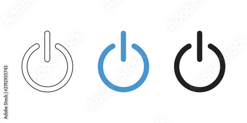 Three power button icons in outline, filled blue, and solid black styles for ui design projects