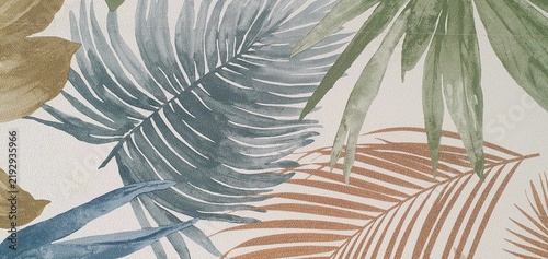 Colored palm leaves ornament texture of wallpaper or fabric on a white background. Print with palm leaves ornament. Exotic background ornament. Interior design wallpaper. Fashion design.