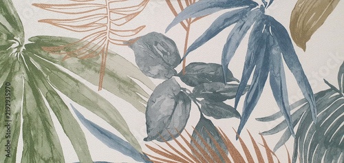 Colored palm leaves ornament texture of wallpaper or fabric on a white background. Print with palm leaves ornament. Exotic background ornament. Interior design wallpaper. Fashion design.
