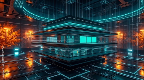 Futuristic data center glowing with cyan and orange light in a dark modern server room