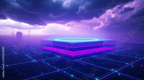 Futuristic glowing platform on a digital grid during a stormy purple neon twilight