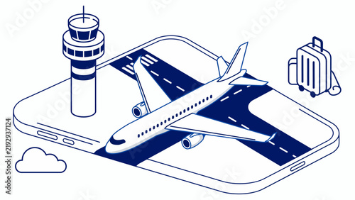 Illustrated smartphone showing airplane taking off near airport control tower
