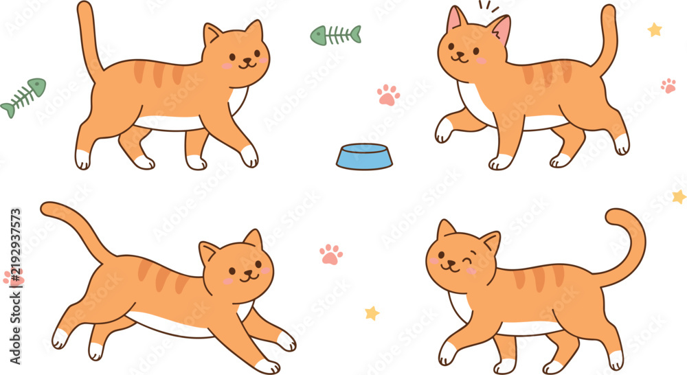 Fototapeta premium Cute ginger cat character set with funny orange kitten walking running playing stretching with fish bone food bowl paw print icons vector