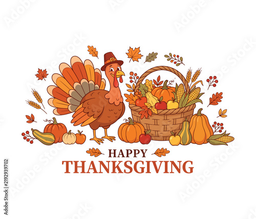 A festive hand drawn illustration of a turkey and a harvest basket for a happy thanksgiving holiday celebration