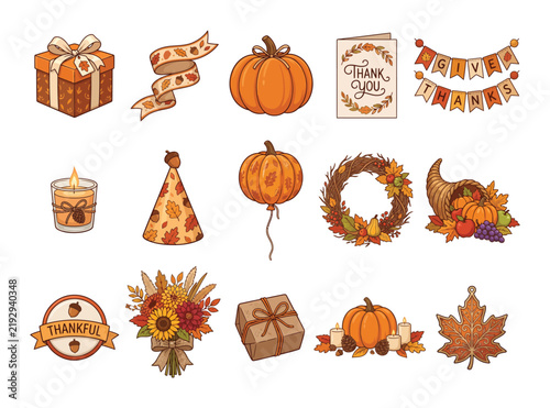 Set of watercolor illustrations featuring festive thanksgiving elements like pumpkins autumn leaves and seasonal decorations for holiday design projects