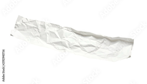 A crumpled, elongated piece of white paper isolated on a black background, with jagged edges