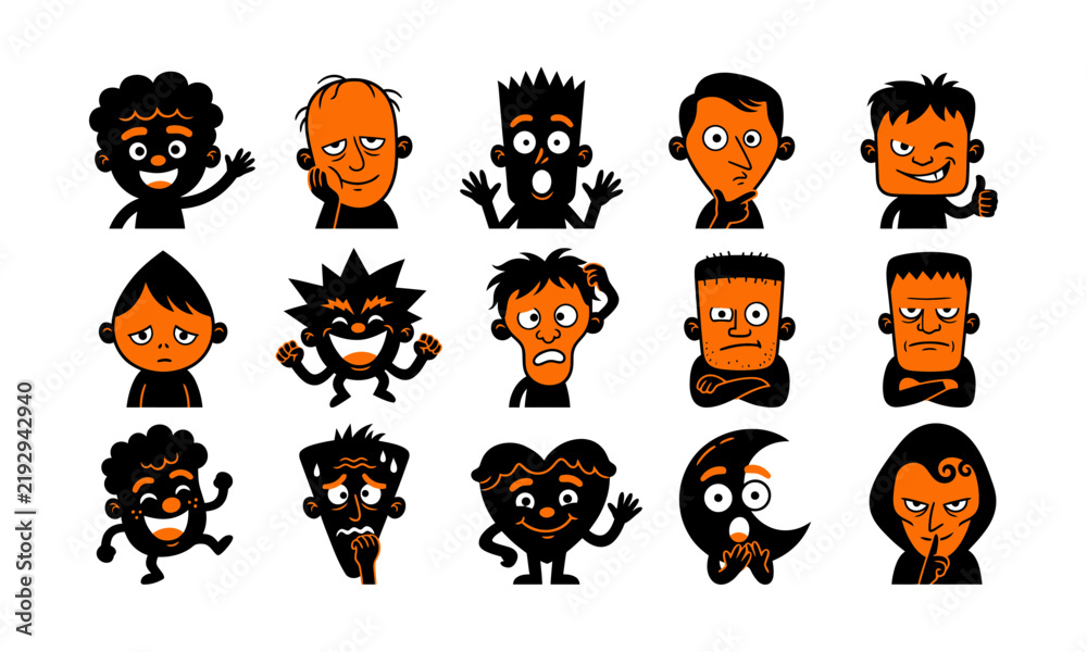 Obraz premium Collection of various funny cartoon characters showing different emotions and expressions